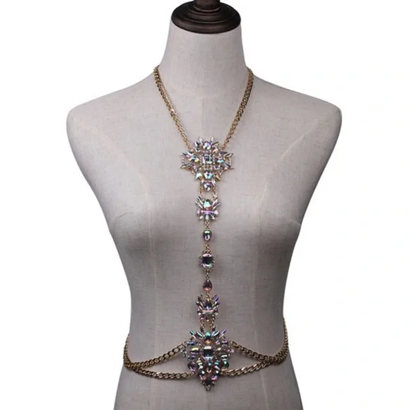Boho Long Crystal Rhinestone Body Necklace Harness - Picture 7 of 16